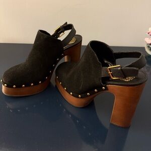 Vince Camuto Black Suede Clogs with Gold Studs